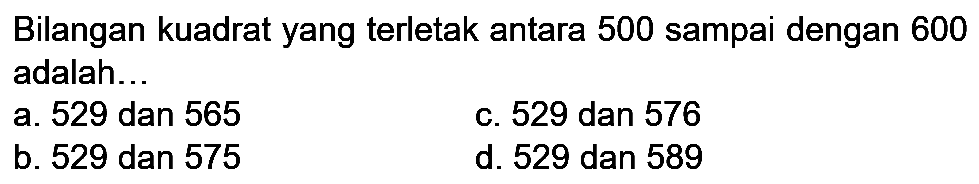 Bilangan kuadrat yang terletak antara 500 sampai dengan 600 adalah...