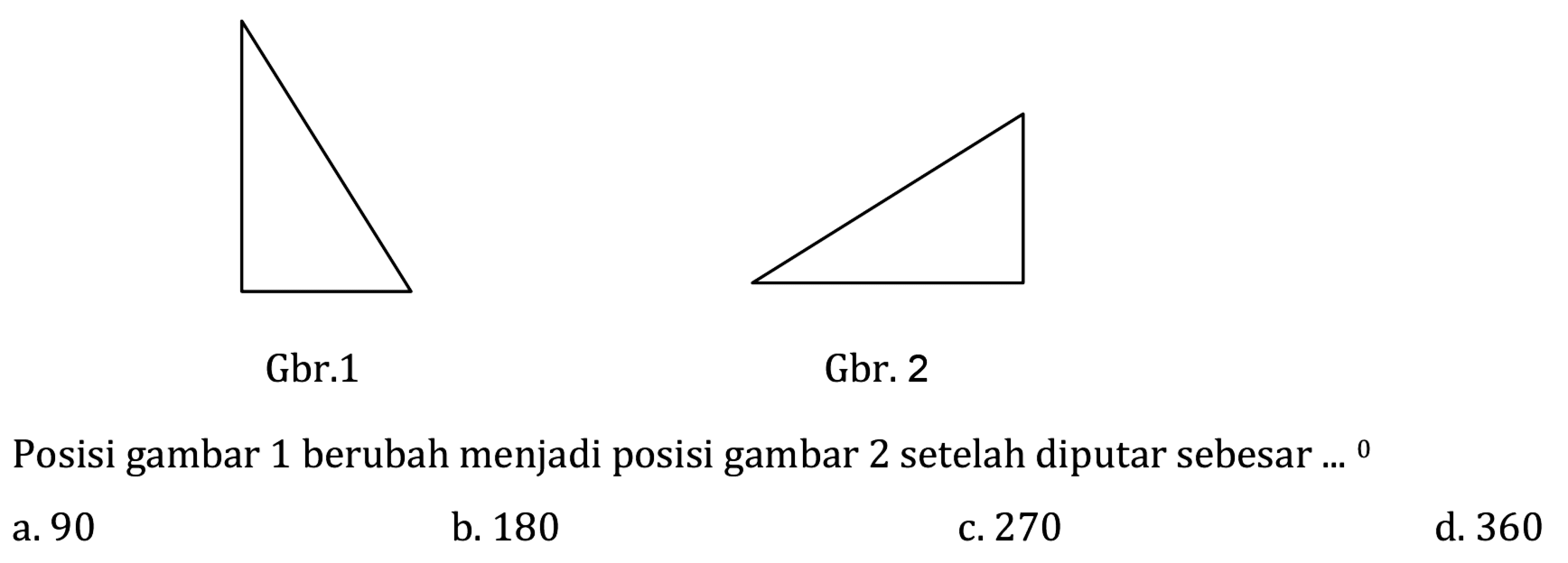 Gbr.1 Gbr. 2
Posisi gambar 1 berubah menjadi posisi gambar 2 setelah diputar sebesar ...
