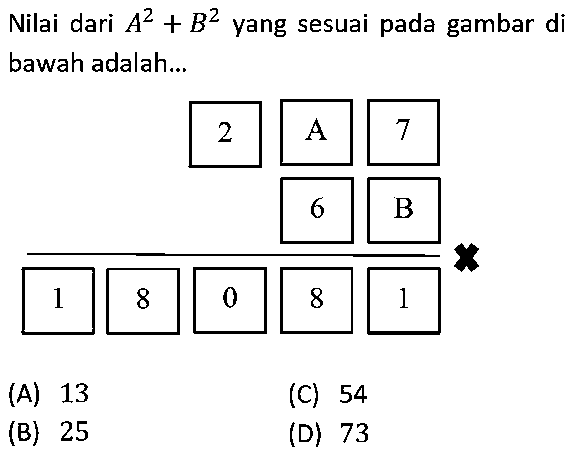 Nilai dari A^2 + B^2 yang sesuai pada gambar di bawah adalah...
2 A 7
6 B
x
1 8 0 8 1