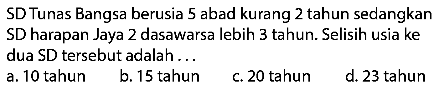 SD Tunas Bangsa berusia 5 abad kurang 2 tahun sedangkan SD harapan Jaya 2 dasawarsa lebih 3 tahun. Selisih usia ke dua SD tersebut adalah...