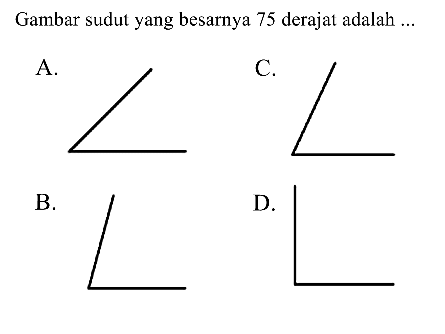 Gambar sudut yang besarnya 75 derajat adalah ...
A. gambar sudut lancip
B. gambar sudut lancip
C. gambar sudut lancip
D. gambar sudut siku-siku