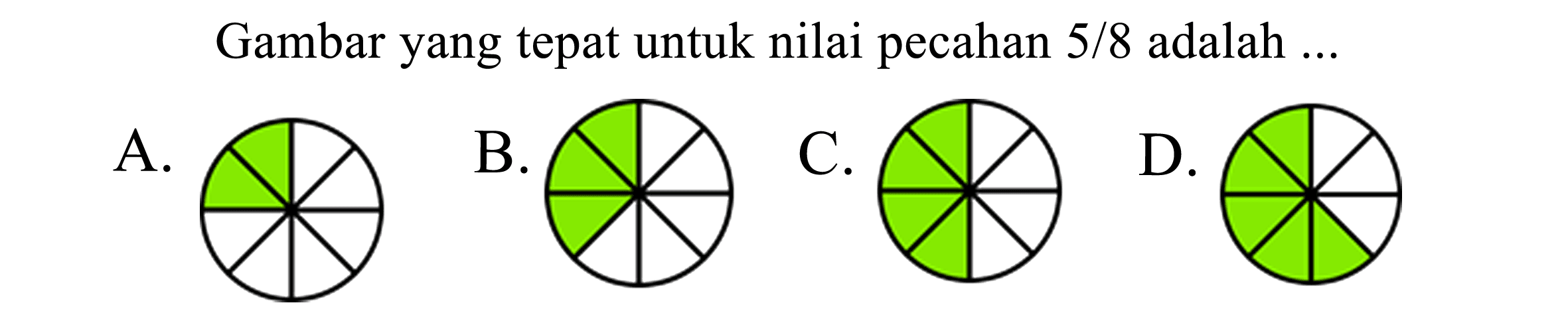 Gambar yang tepat untuk nilai pecahan  5 / 8  adalah  ... 
A.
C1CC2CCC1CC2
B.
C1CC2CCC1CC2
C.
C1CC2CCC1CC2
D.