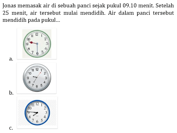 Jonas memasak air di sebuah panci sejak pukul 09.10 menit. Setelah 25 menit, air tersebut mulai mendidih. Air dalam panci tersebut mendidih pada pukul...
