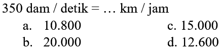 350 dam  /  detik  =... km / jam 
a.  10.800 
c.  15.000 
b.  20.000 
d.  12.600 