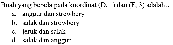 Buah yang berada pada koordinat (D, 1) dan (F, 3) adalah...