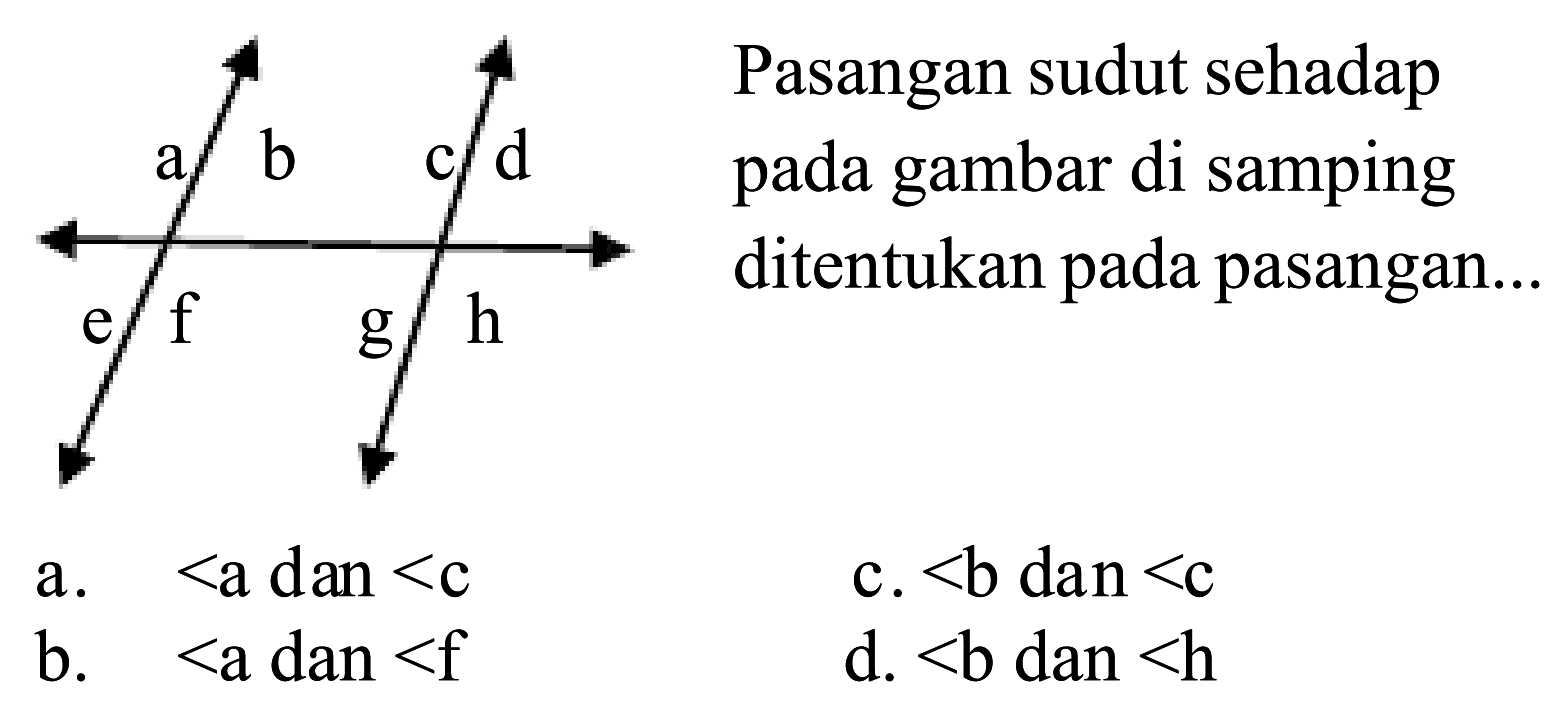 a b c d e f g h 
Pasangan sudut sehadap pada gambar di samping ditentukan pada pasangan ...
