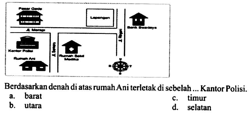 Pasar Gede Lapangan Bank Swadaya Jalan Merapi Jl. Rinjani Kantor Polisi Jl. Semeru Rumah Sakit Medika Rumah Ani U B T S 
Berdasarkan denah di atas rumah Ani terletak di sebelah ... Kantor Polisi. 