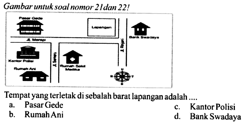 Gambar untuk soal nomor 21 dan 22! 
Pasar Gede Lapangan Bank Swadaya Jalan Merapi Jl. Rinjani Kantor Polisi Jl. Semeru Rumah Sakit Medika Rumah Ani U B T S 
Tempat yang terletak di sebelah barat lapangan adalah ....