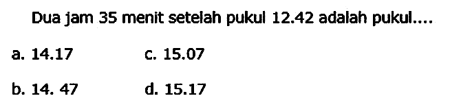 Dua jam 35 menit setelah pukul  12.42  adalah pukul....
a.  14.17 
C.  15.07 
b. 14. 47
d.  15.17 