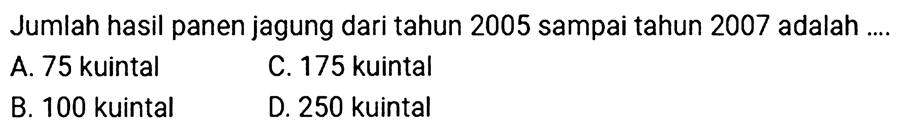 Jumlah hasil panen jagung dari tahun 2005 sampai tahun 2007 adalah ....
