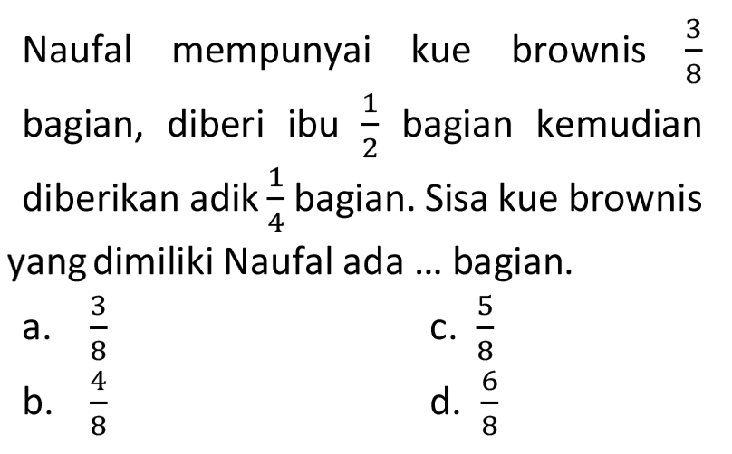 Naufal mempunyai kue brownis 3/8 bagian, diberi ibu 1/2 bagian kemudian diberikan adik 1/4 bagian. Sisa kue brownis yang dimiliki Naufal ada ... bagian.
 