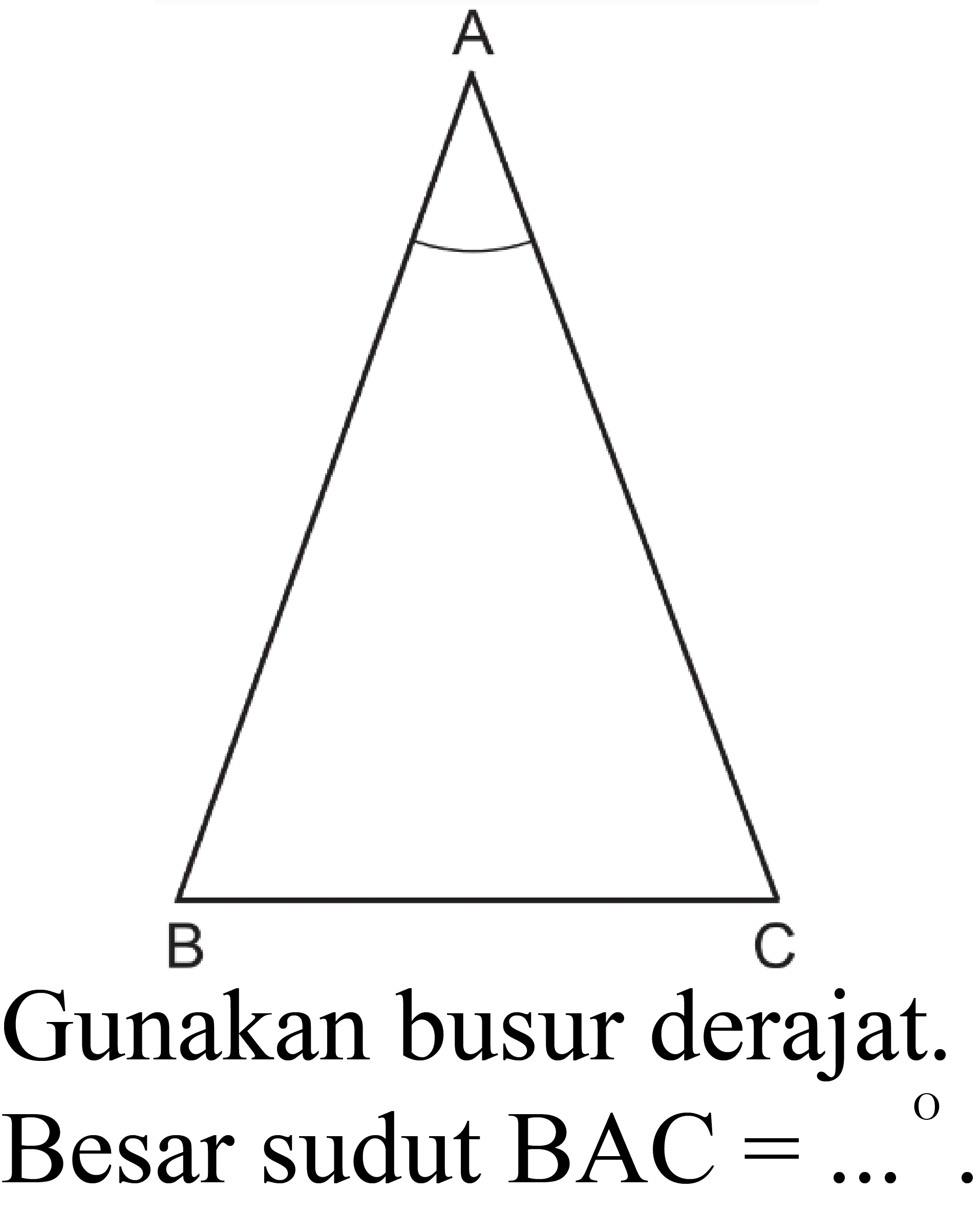 A B C 
Gunakan busur derajat. 
Besar sudut BAC = ....