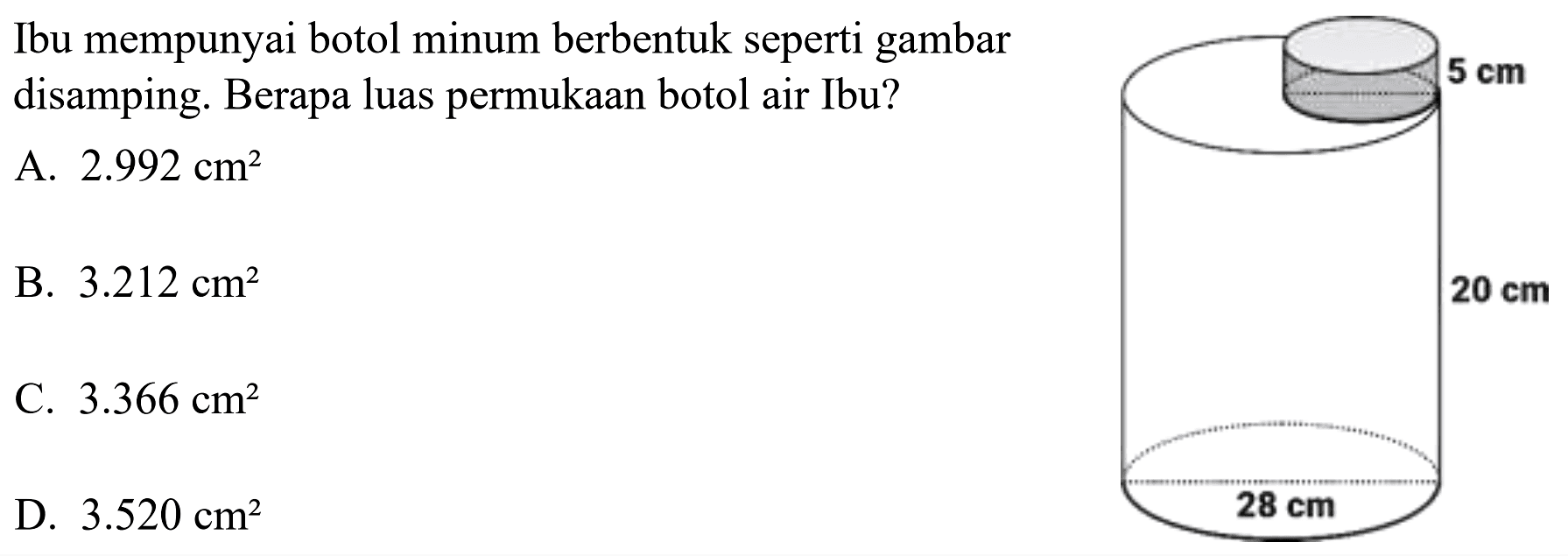 Ibu mempunyai botol minum berbentuk seperti gambar disamping. Berapa luas permukaan botol air Ibu?
A.  2.992 cm^(2) 
B.  3.212 cm^(2) 
C.  3.366 cm^(2) 
D.  3.520 cm^(2) 