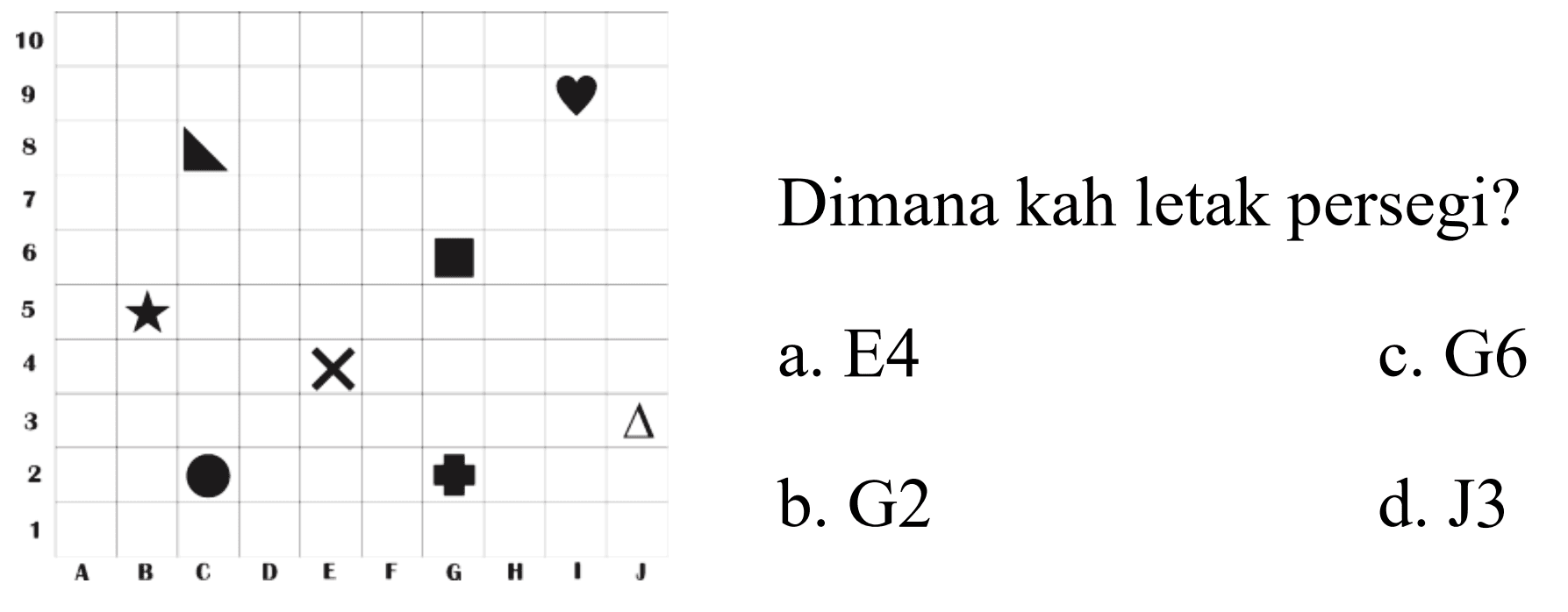 Dimanakah letak persegi? 
10 9 8 7 6 5 4 3 2 1 A B C D E F G H I J 