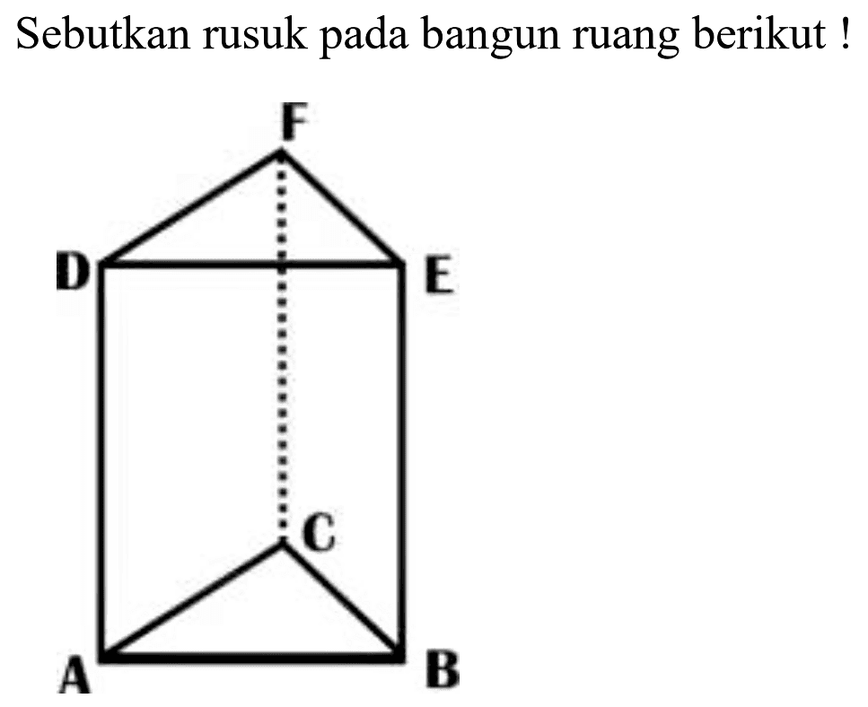 Sebutkan rusuk pada bangun ruang berikut!
A B C D E F