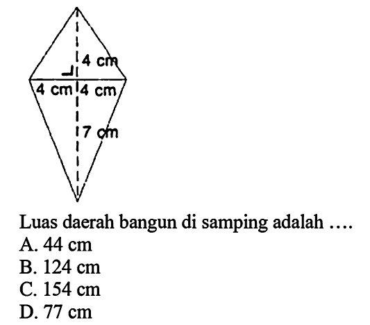 Tuas daerah bar
Luas daerah bangun di samping adalah ....
A.  44 cm 
B.  124 cm 
C.  154 cm 
D.  77 cm 