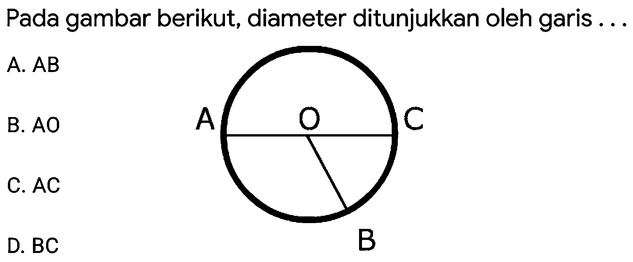 Pada gambar berikut, diameter ditunjukkan oleh garis ...
A.  A B 
C. AC
D.  B C 