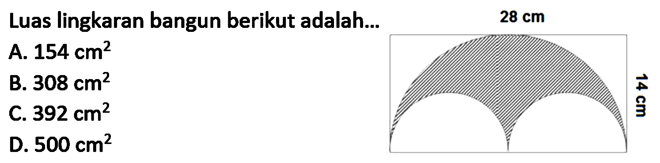 Luas lingkaran bangun berikut adalah...  28 cm 
A.  154 cm^2 
B.  308 cm^2 
c.  392 cm^2 
D.  500 cm^2 