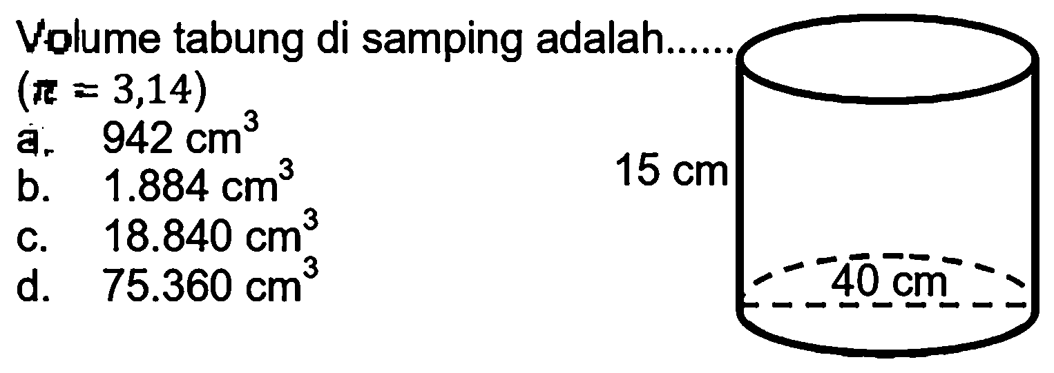 Volume tabung di samping adalah.  (pi=3,14)