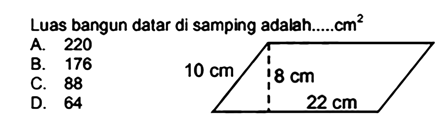 Luas bangun datar di samping adalah.....cm  { )^(2) 
A. 220
B. 176