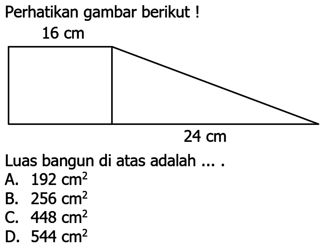 Perhatikan gambar berikut!
 16 cm 
Luas bangun di atas adalah ....
A.  192 cm^(2) 
B.  256 cm^(2) 
C.  448 cm^(2) 
D.  544 cm^(2) 