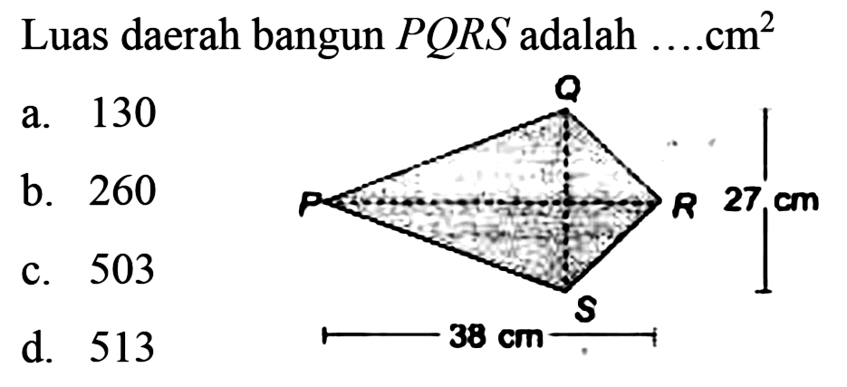 Luas daerah bangun  P Q R S  adalah  ... . cm^(2) 
a. 130
b. 260
c. 503
d. 513