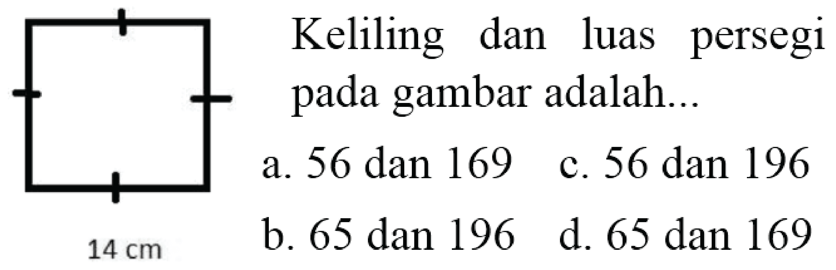 Keliling dan luas persegi pada gambar adalah .... 14 cm 