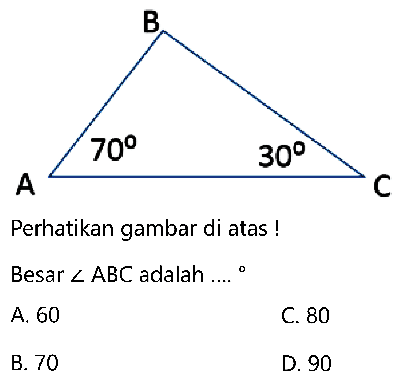 Perhatikan gambar di atas !
Besar  sudut ABC  adalah ...   
A. 60
C. 80
B. 70
D. 90