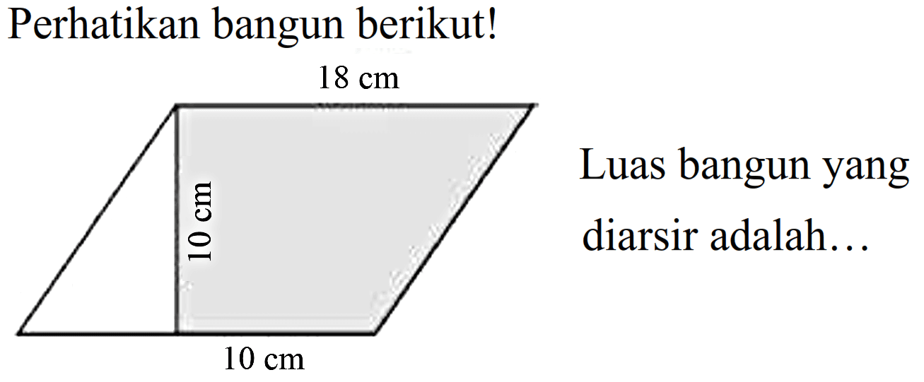 Perhatikan bangun berikut!
Luas bangun yang diarsir adalah...