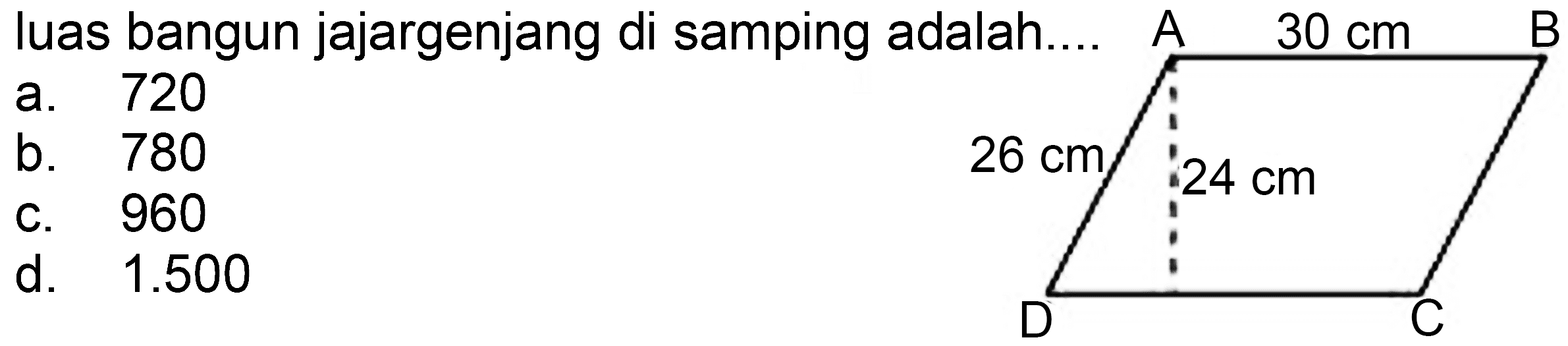 luas bangun jajargenjang di samping adalah
a. 720
b. 780
c. 960
d.  1.500 