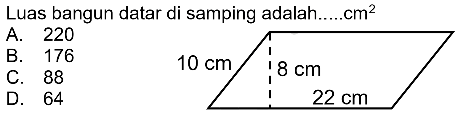 Luas bangun datar di samping adalah......cm²
A. 220
B. 176
C. 88
D. 64