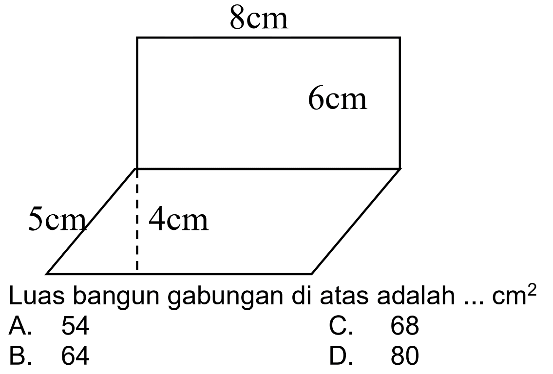 Luas bangun gabungan di atas adalah  ... cm^(2) 
A. 54
C. 68
B. 64
D. 80