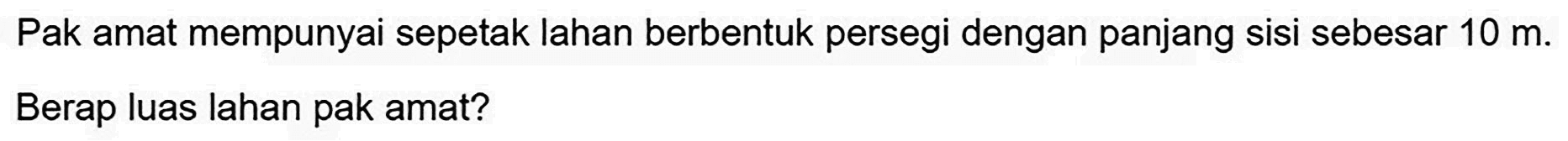 Pak amat mempunyai sepetak lahan berbentuk persegi dengan panjang sisi sebesar  10 m . Berap luas lahan pak amat?