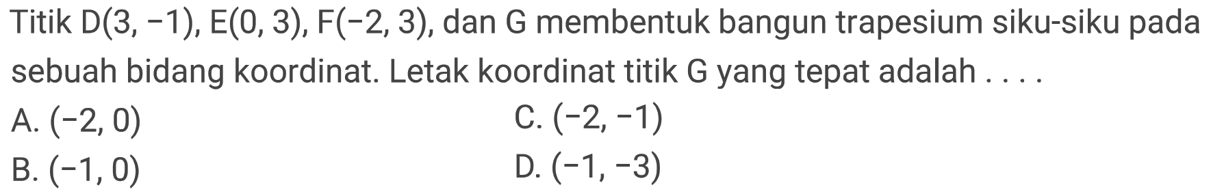 Titik  D(3,-1) , E(0,3), F(-2,3), dan G membentuk bangun trapesium siku-siku pada sebuah bidang koordinat. Letak koordinat titik G yang tepat adalah ....