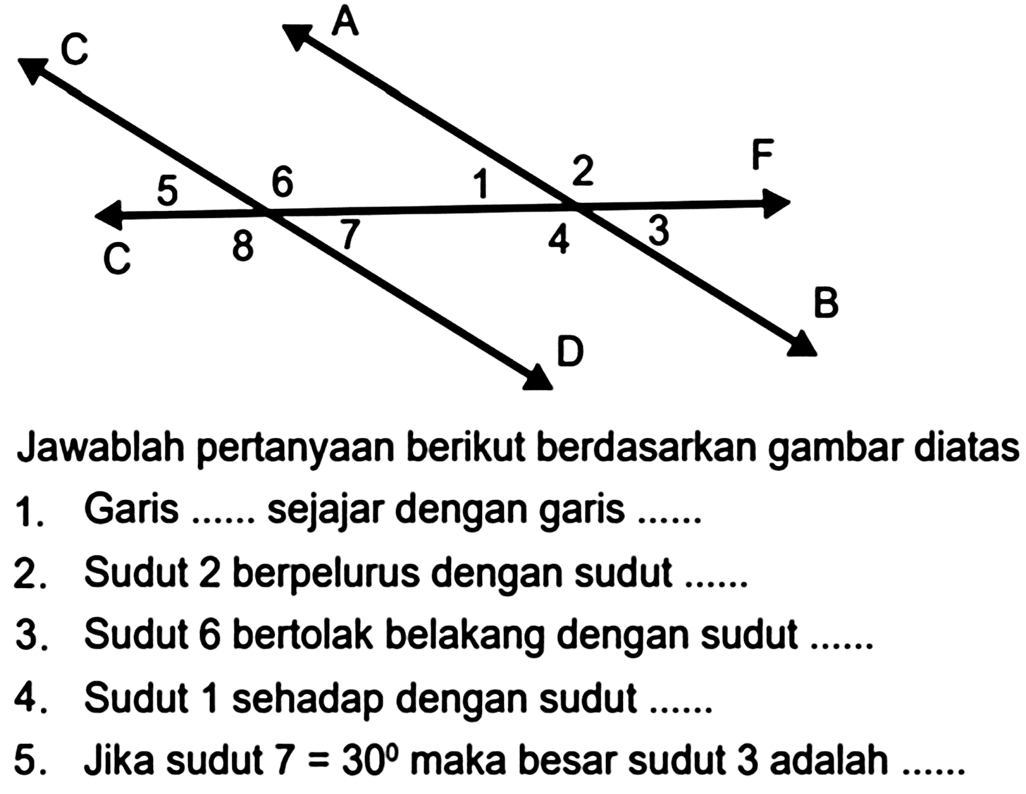 Jawablah pertanyaan berikut berdasarkan gambar diatas
1. Garis ...... sejajar dengan garis ......
2. Sudut 2 berpelurus dengan sudut ......
3. Sudut 6 bertolak belakang dengan sudut ......
4. Sudut 1 sehadap dengan sudut ......
5. Jika sudut  7=30  maka besar sudut 3 adalah ......