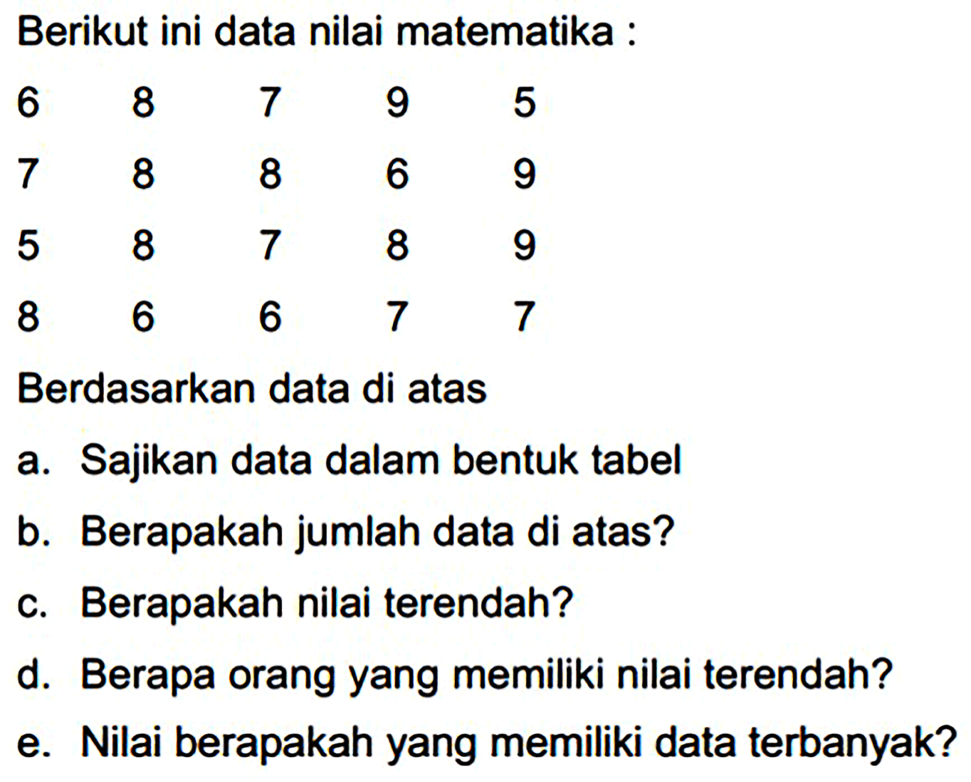 Berikut ini data nilai matematika:
 \begin{array)/(lllll)6  8  7  9  5  7  8  8  6  9  5  8  7  8  9  8  6  6  7  7\end{array) 
Berdasarkan data di atas
a. Sajikan data dalam bentuk tabel
b. Berapakah jumlah data di atas?
c. Berapakah nilai terendah?
d. Berapa orang yang memiliki nilai terendah?
e. Nilai berapakah yang memiliki data terbanyak?