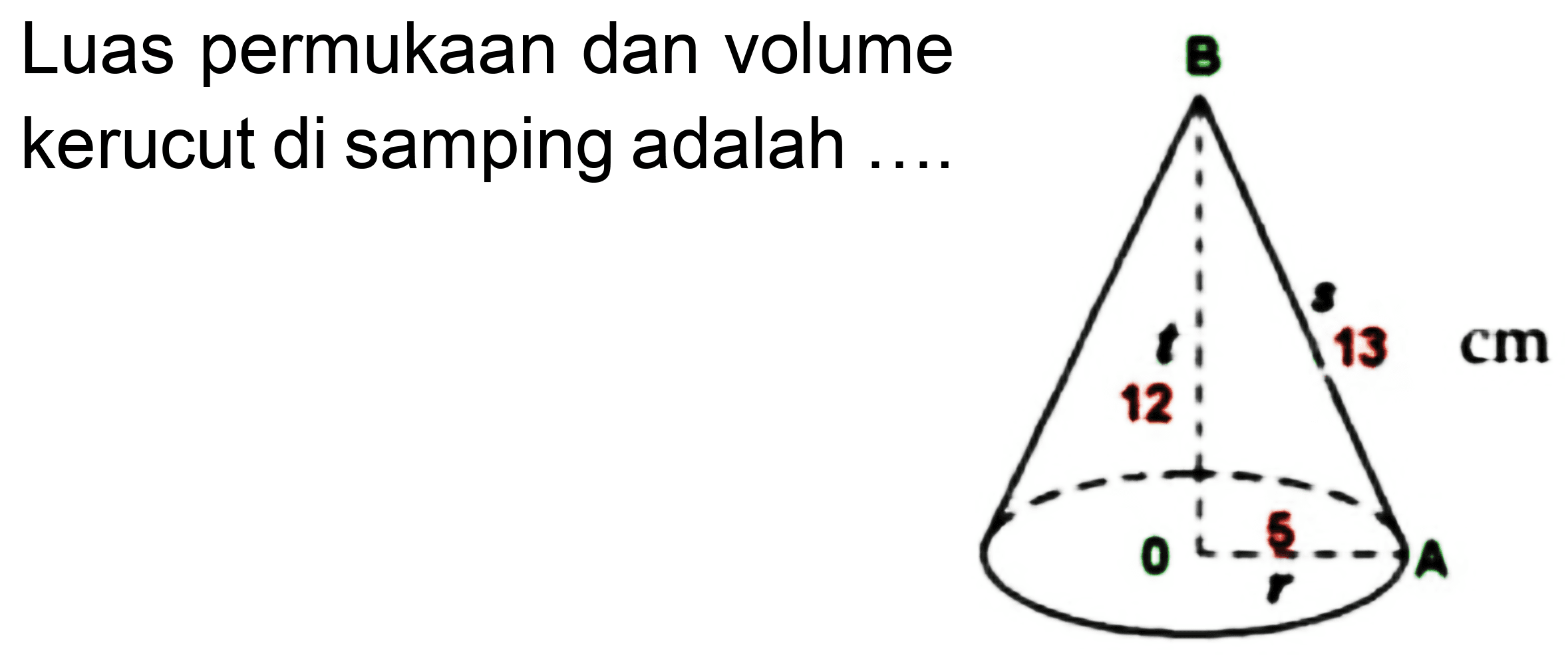 Luas permukaan dan volume kerucut di samping adalah ....