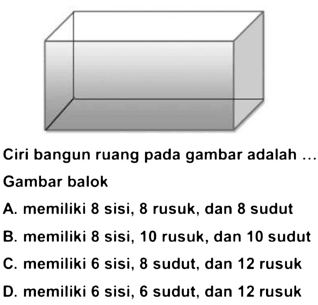 Ciri bangun ruang pada gambar adalah ..
Gambar balok
A. memiliki 8 sisi, 8 rusuk, dan 8 sudut
B. memiliki 8 sisi, 10 rusuk, dan 10 sudut
C. memiliki 6 sisi, 8 sudut, dan 12 rusuk
D. memiliki 6 sisi, 6 sudut, dan 12 rusuk