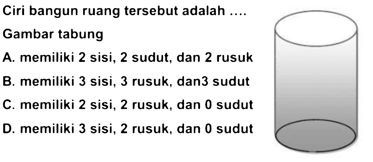 Ciri bangun ruang tersebut adalah ....
Gambar tabung
A. memiliki 2 sisi, 2 sudut, dan 2 rusuk
B. memiliki 3 sisi, 3 rusuk, dan 3 sudut
C. memiliki 2 sisi, 2 rusuk, dan 0 sudut
D. memiliki 3 sisi, 2 rusuk, dan 0 sudut