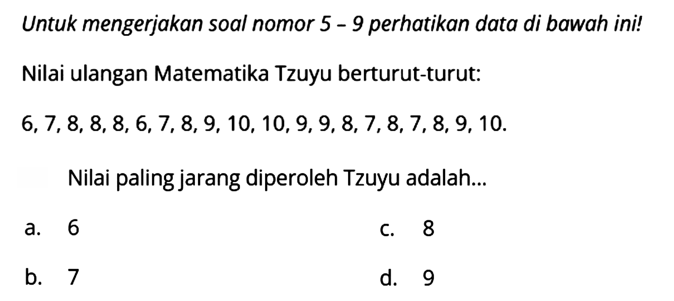 Untuk mengerjakan soal nomor 5 - 9 perhatikan data di bawah ini!
Nilai ulangan Matematika Tzuyu berturut-turut:
 6,7,8,8,8,6,7,8,9,10,10,9,9,8,7,8,7,8,9,10 
Nilai paling jarang diperoleh Tzuyu adalah...
a. 6
C. 8
b. 7
d. 9