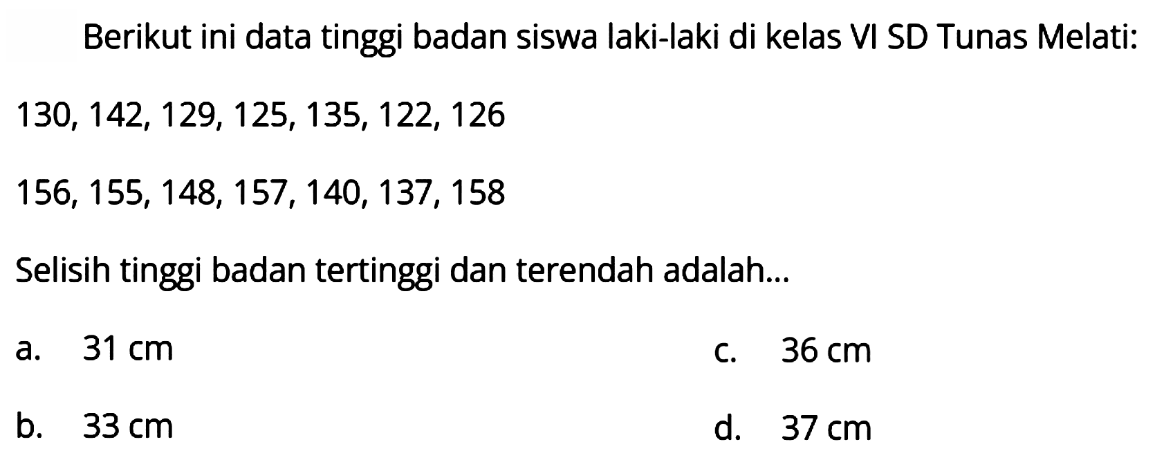 Berikut ini data tinggi badan siswa laki-laki di kelas VI SD Tunas Melati:

130,142,129,125,135,122,126

 156,155,148,157,140,137,158 
Selisih tinggi badan tertinggi dan terendah adalah...
a.  31 cm 
c.  36 cm 
b.  33 cm 
d.   37 cm 