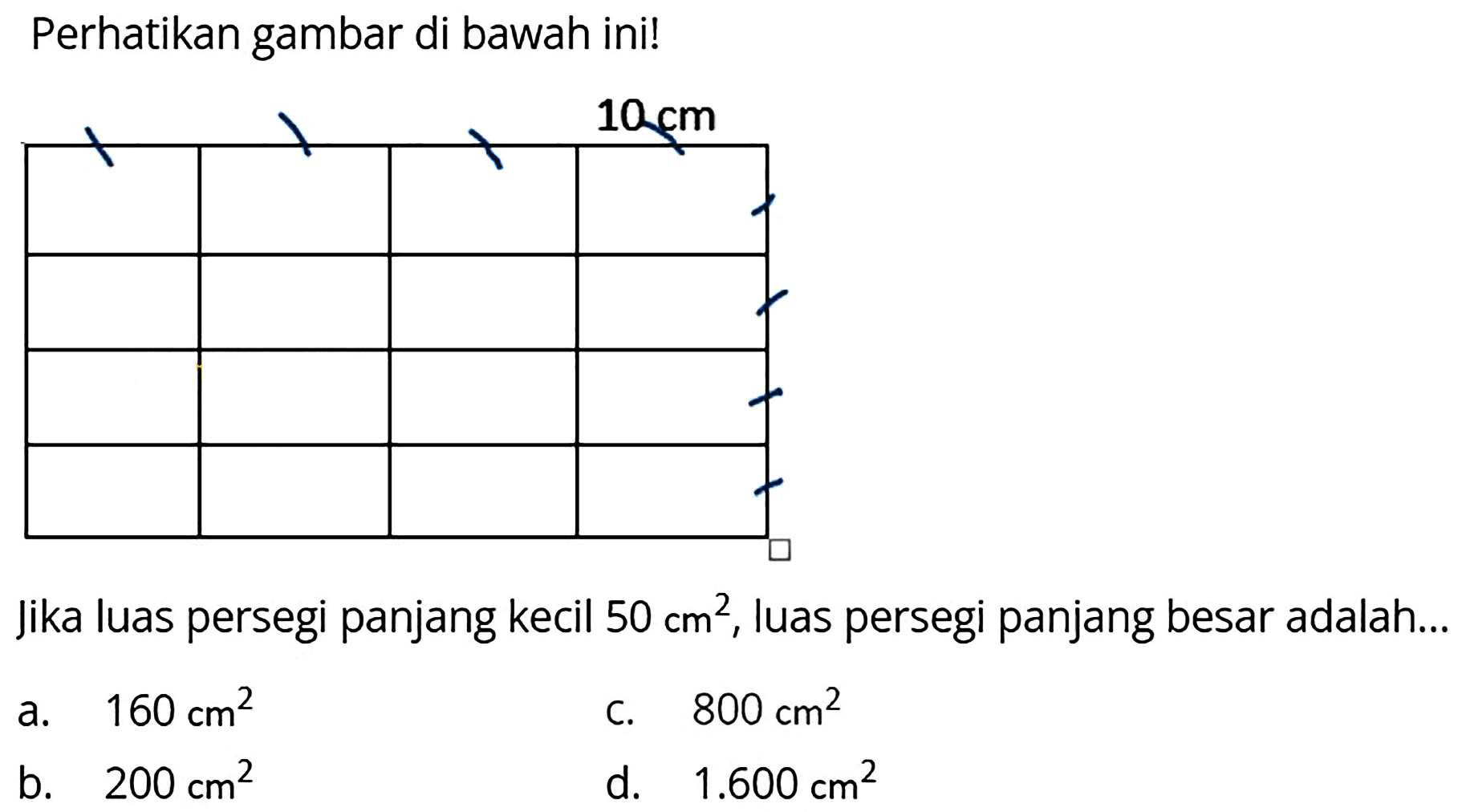 Perhatikan gambar di bawah ini!
Jika luas persegi panjang kecil  50 cm^(2) , luas persegi panjang besar adalah...
a.   160 cm^(2) 
c.  800 cm^(2) 
b.  200 cm^(2) 
d.  1.600 cm^(2) 