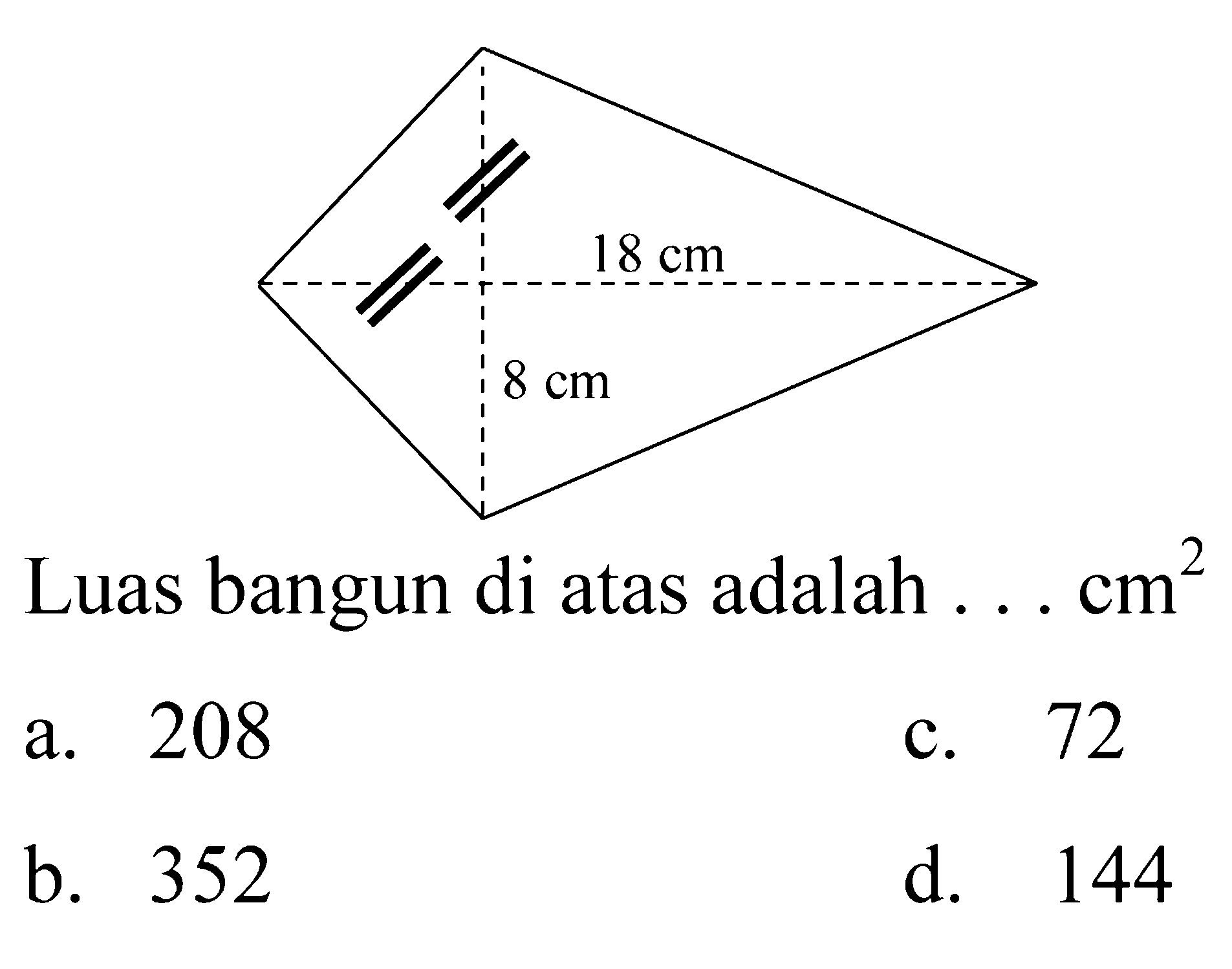 Luas bangun di atas adalah  ... cm^(2) 
a. 208
c. 72
b. 352
d. 144