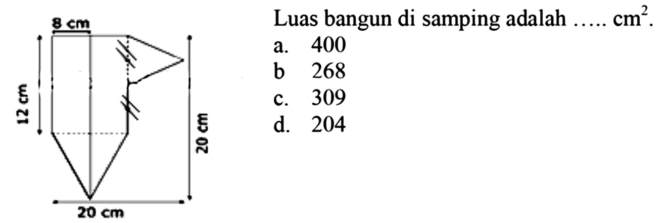 8 cm 
12 cm 
20 cm 
20 cm 
Luas bangun di samping adalah ..... cm^2. 
a. 400 
b. 268 
c. 309 
d. 204 