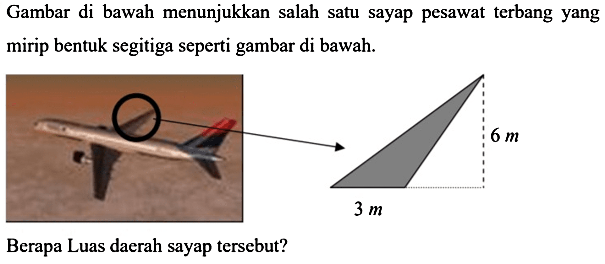 Gambar di bawah menunjukkan salah satu sayap pesawat terbang yang mirip bentuk segitiga seperti gambar di bawah.
Berapa Luas daerah sayap tersebut?
Berapa Luas daerah sayap tersebut?