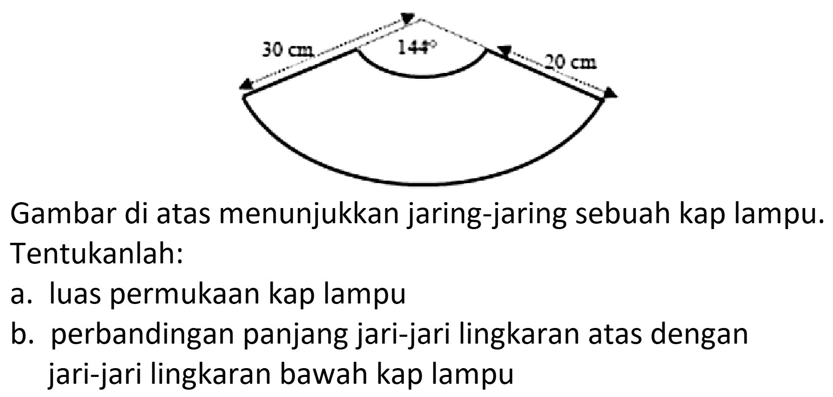 Gambar di atas menunjukkan jaring-jaring sebuah kap lampu. Tentukanlah:
a. luas permukaan kap lampu
b. perbandingan panjang jari-jari lingkaran atas dengan jari-jari lingkaran bawah kap lampu