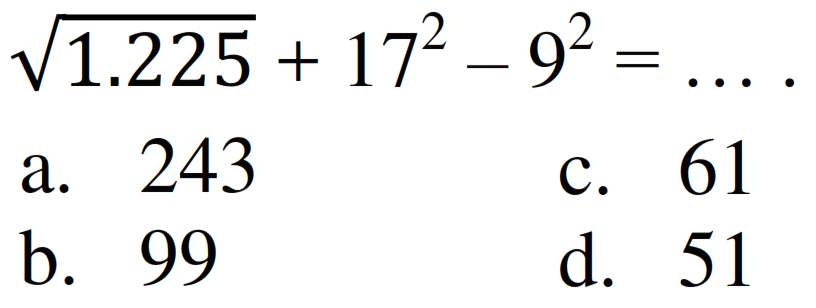 
akar(1.225) + 17^2 - 9^2=...

