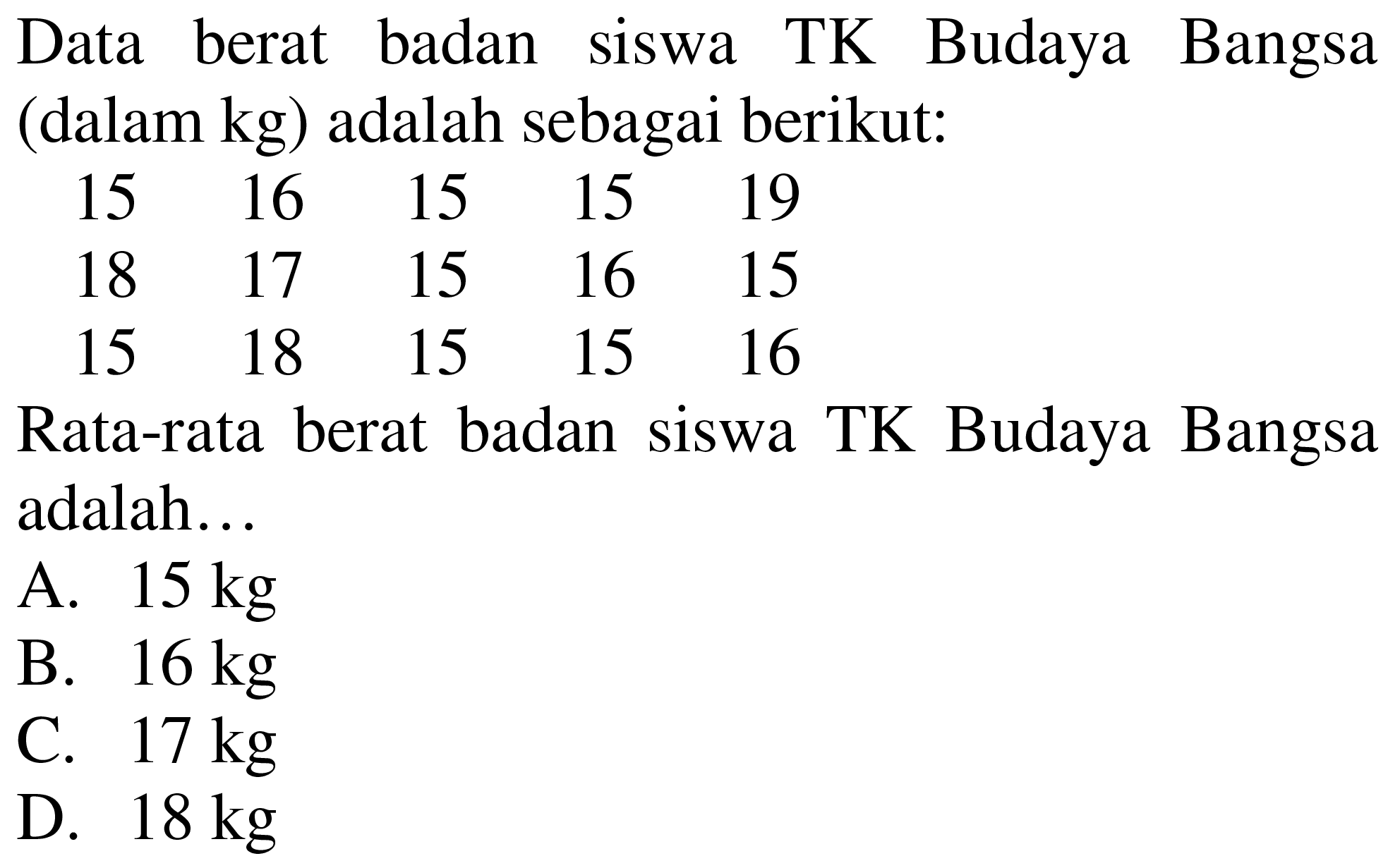 Data berat badan siswa TK Budaya Bangsa (dalam kg) adalah sebagai berikut: 15 16 15 15 19 18 17 15 16 15 15 18 15 15 16 Rata-rata berat badan siswa TK Budaya Bangsa adalah...