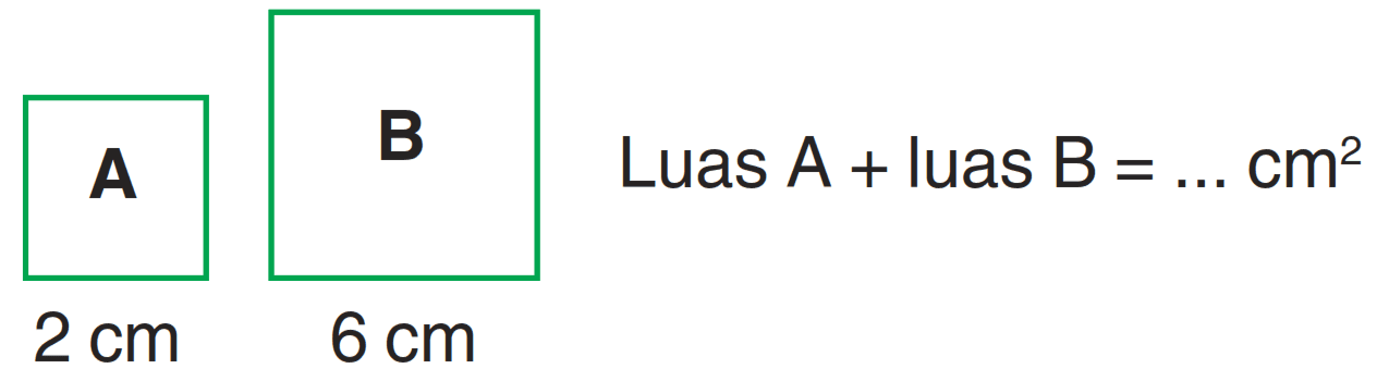 A B 
2 cm 6 cm 
Luas A + luas B = ... cm^2 