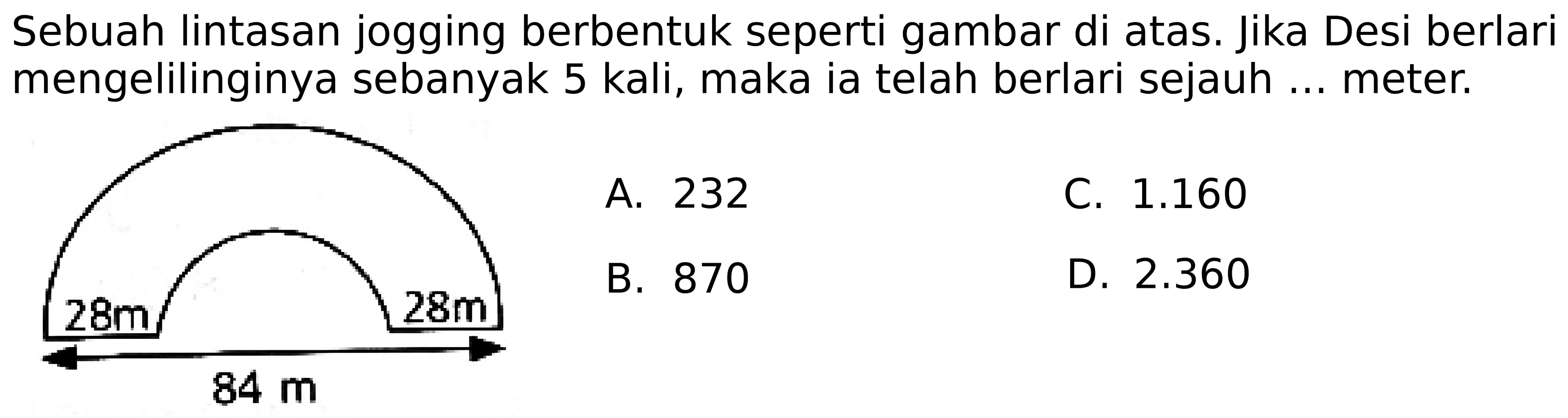 28 m 28 m 84 m 
Sebuah lintasan jogging berbentuk seperti gambar di atas. Jika Desi berlari mengelilinginya sebanyak 5 kali, maka ia telah berlari sejauh ... meter.